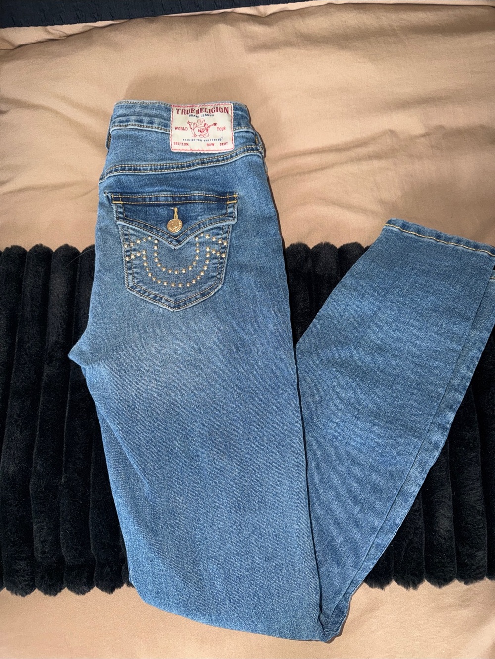 True Religion Women's Skinny Jeans in Medium Blue with Studded Pocket